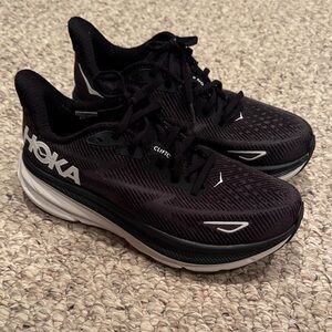 Hoka Black and White Clifton 9 Athletic Shoes